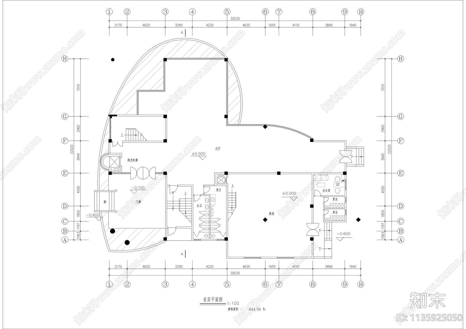 六层现代椭圆形餐厅建筑cad施工图下载【ID:1135925050】