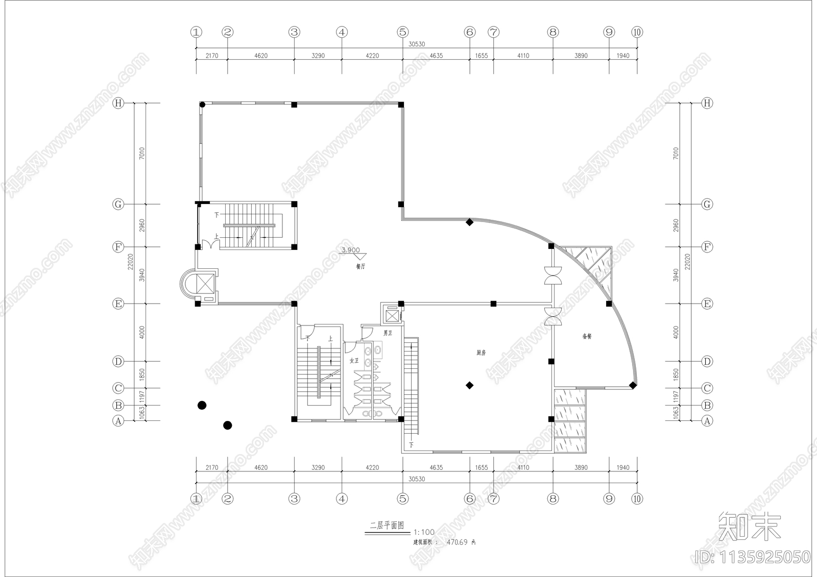 六层现代椭圆形餐厅建筑cad施工图下载【ID:1135925050】