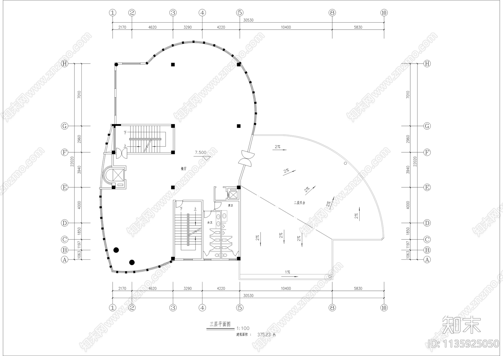 六层现代椭圆形餐厅建筑cad施工图下载【ID:1135925050】