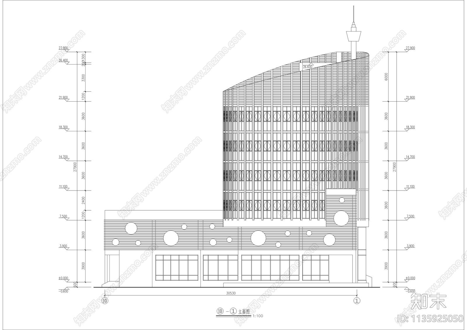 六层现代椭圆形餐厅建筑cad施工图下载【ID:1135925050】