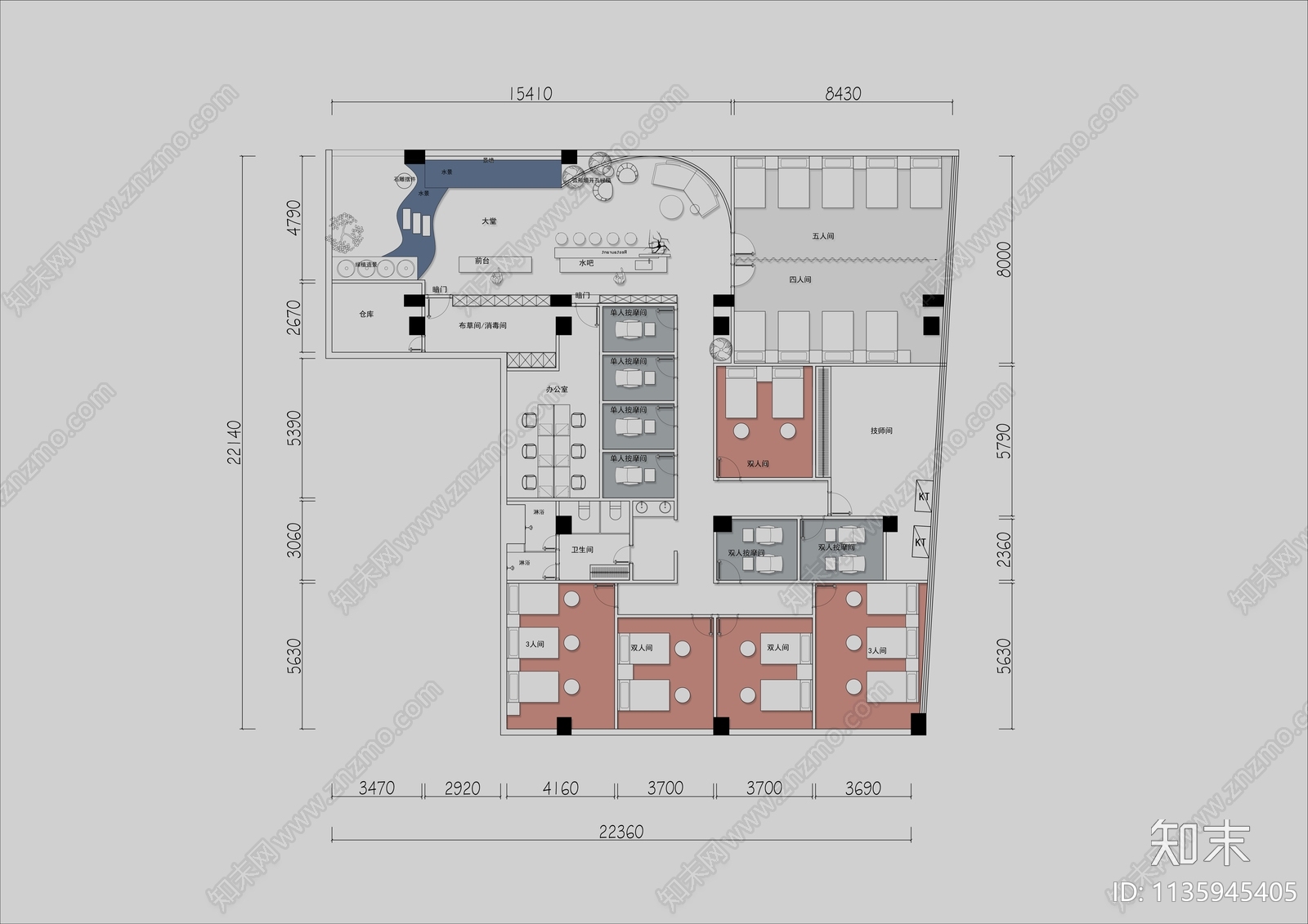 400㎡足浴按摩休闲会所平面布置图施工图下载【ID:1135945405】