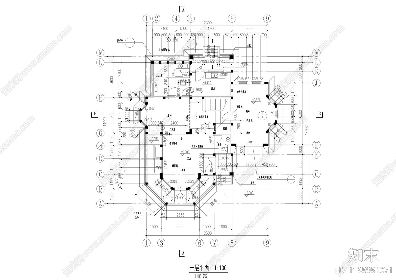 二层法式别墅建筑cad施工图下载【ID:1135951071】