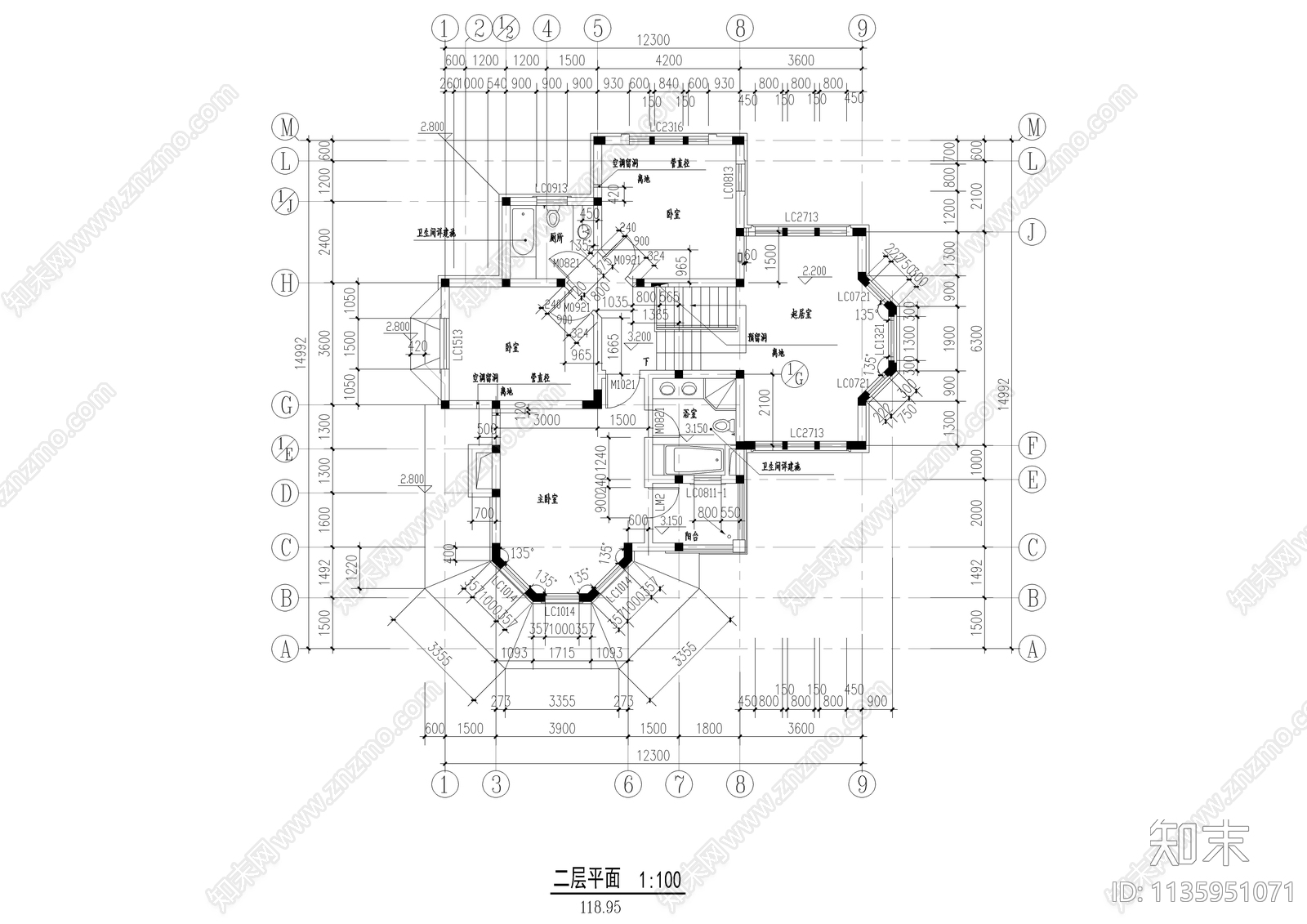 二层法式别墅建筑cad施工图下载【ID:1135951071】