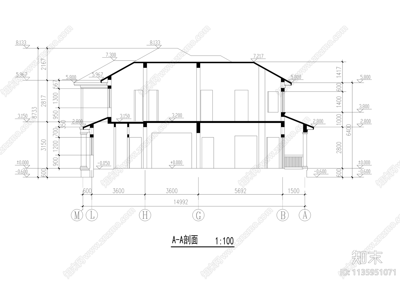 二层法式别墅建筑cad施工图下载【ID:1135951071】