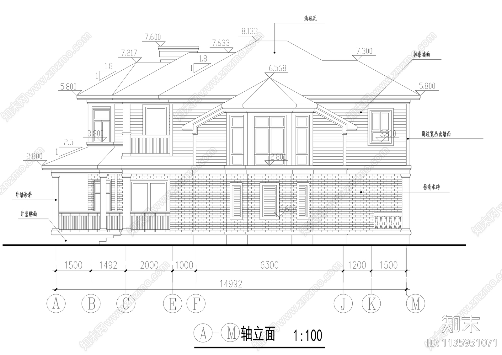 二层法式别墅建筑cad施工图下载【ID:1135951071】