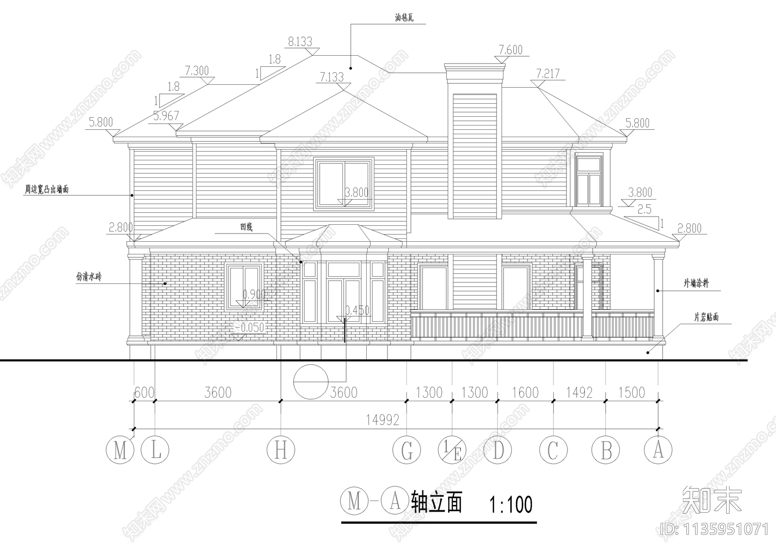 二层法式别墅建筑cad施工图下载【ID:1135951071】