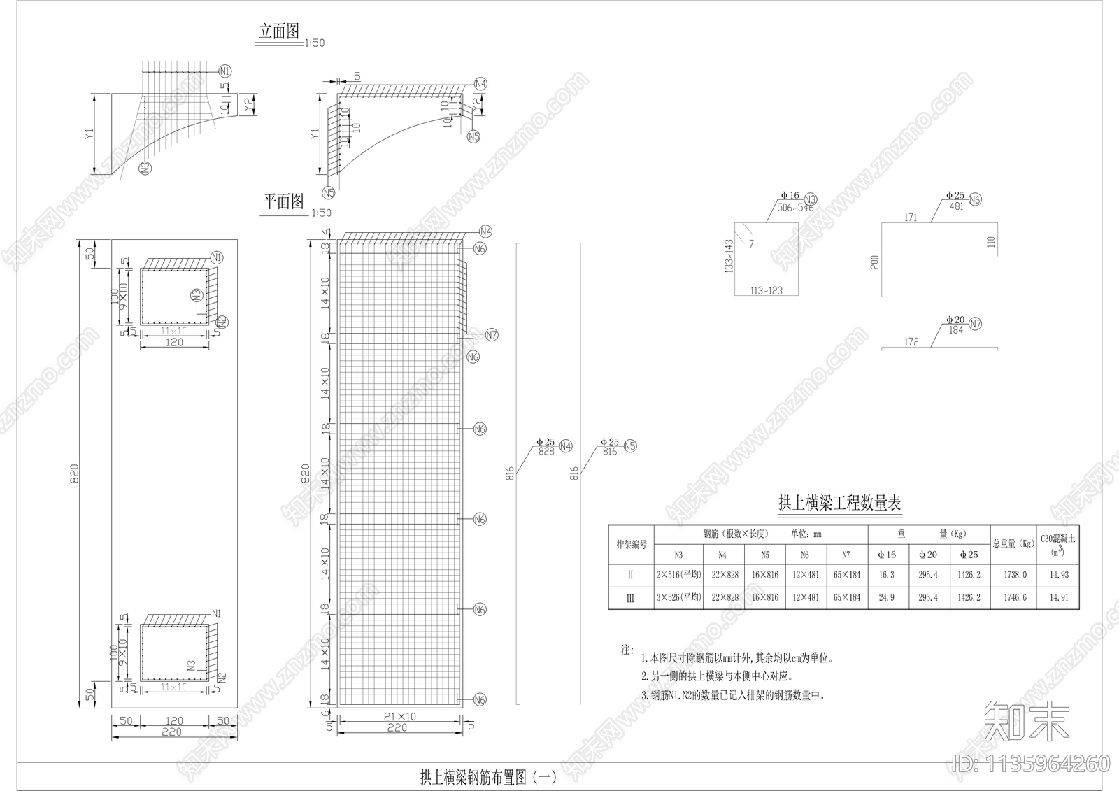 拱桥基座钢筋结构cad施工图下载【ID:1135964260】