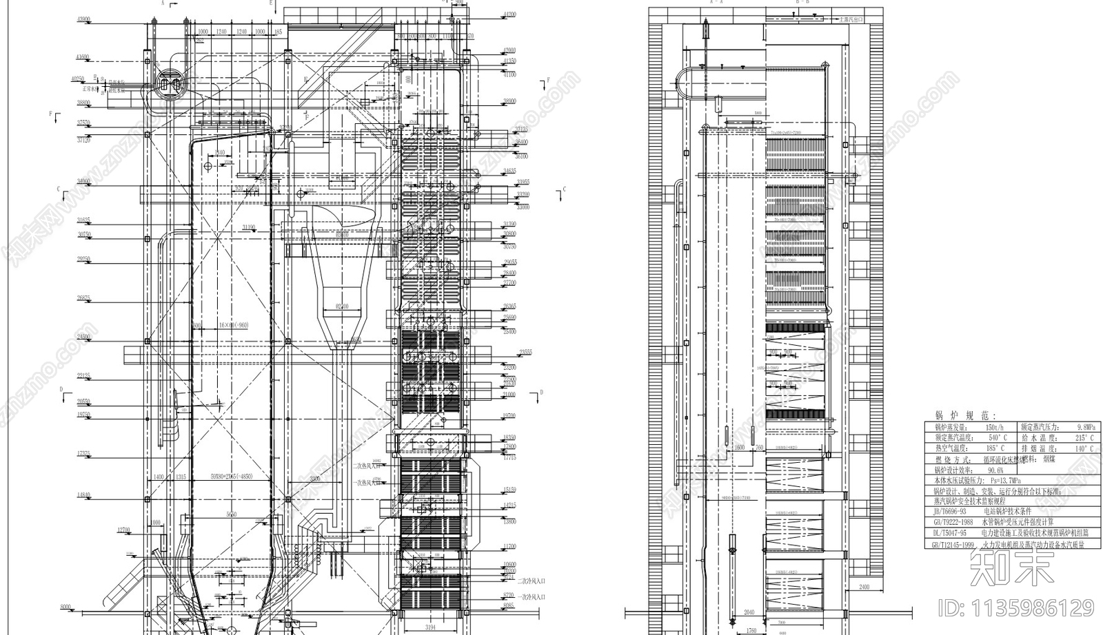 150TH循环流化床锅炉cad施工图下载【ID:1135986129】