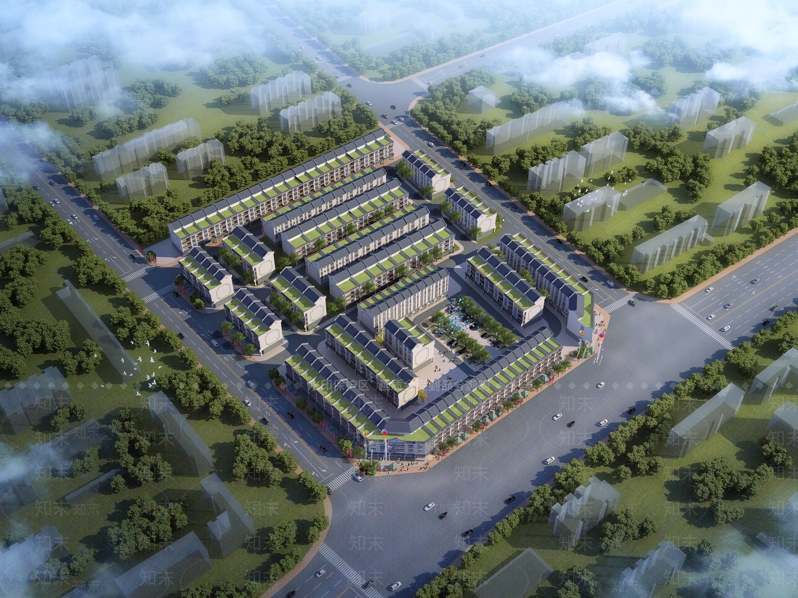 中式多层住宅鸟瞰3D模型下载【ID:1136001636】