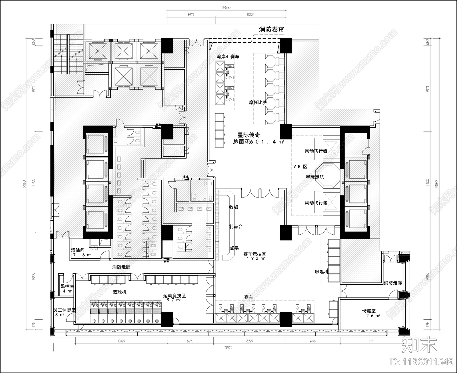 电玩城平面布置图cad施工图下载【ID:1136011549】