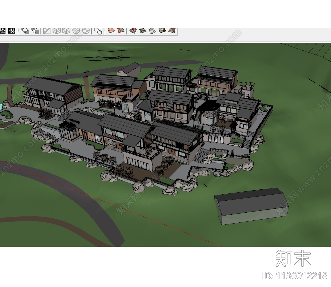 新中式民宿建筑群SU模型下载【ID:1136012218】