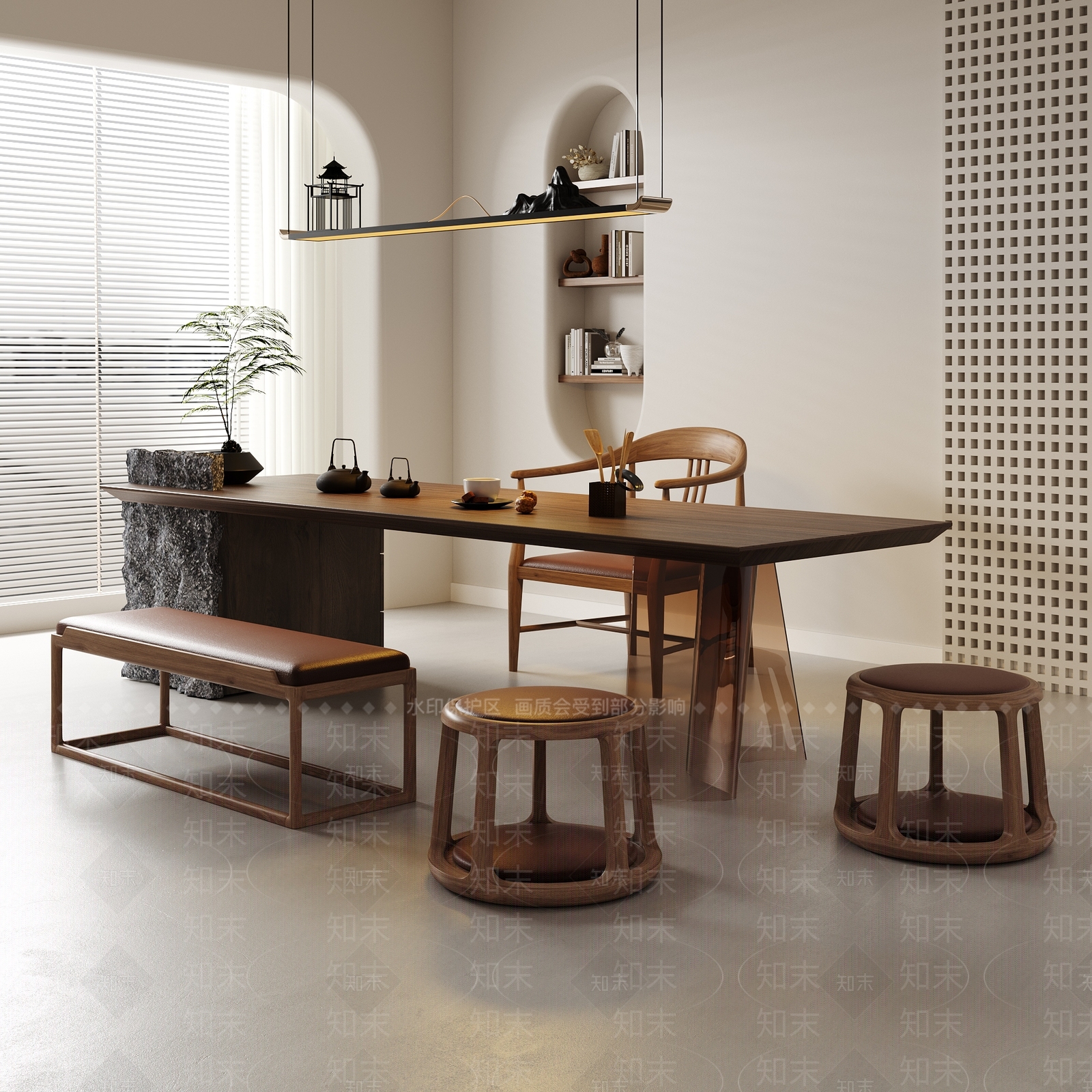 侘寂茶桌椅组合3D模型下载【ID:1136015322】