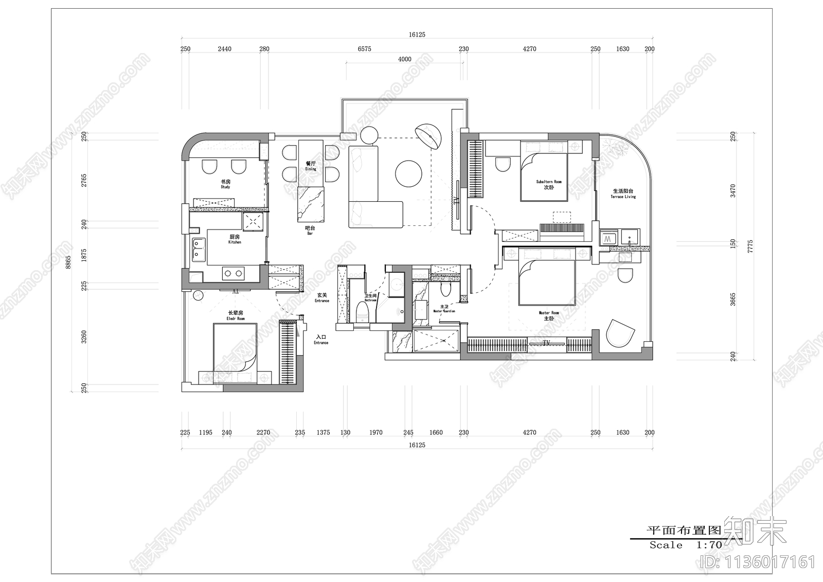 120平米平层全套内装cad施工图下载【ID:1136017161】