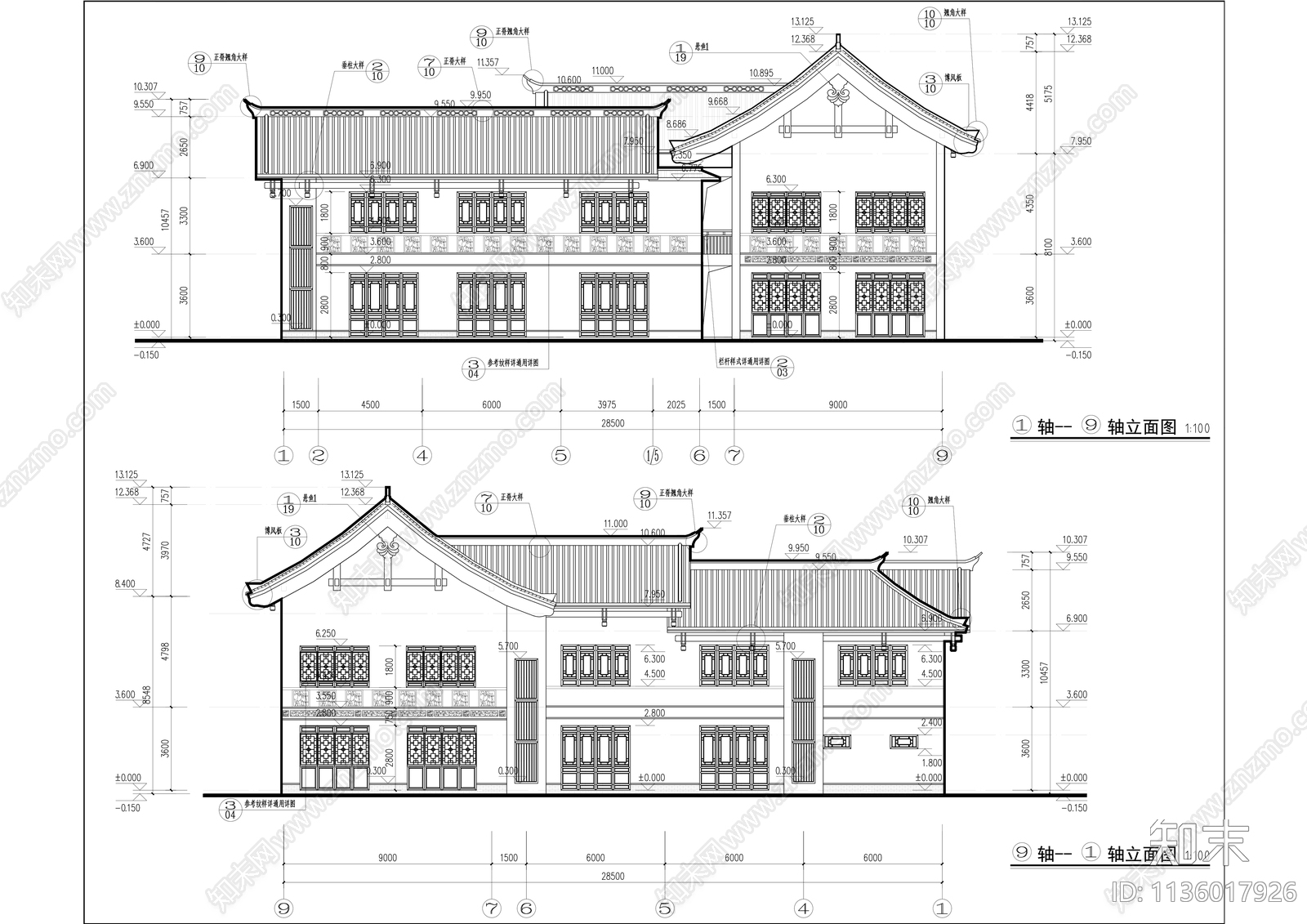 中式商业街建筑cad施工图下载【ID:1136017926】