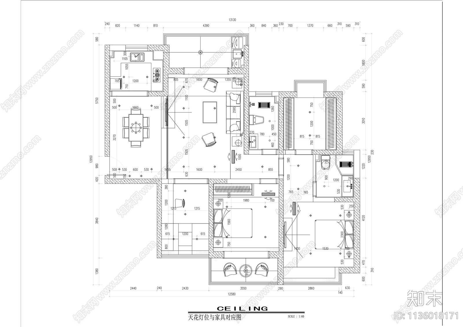 现代简约大平层内装cad施工图下载【ID:1136018171】