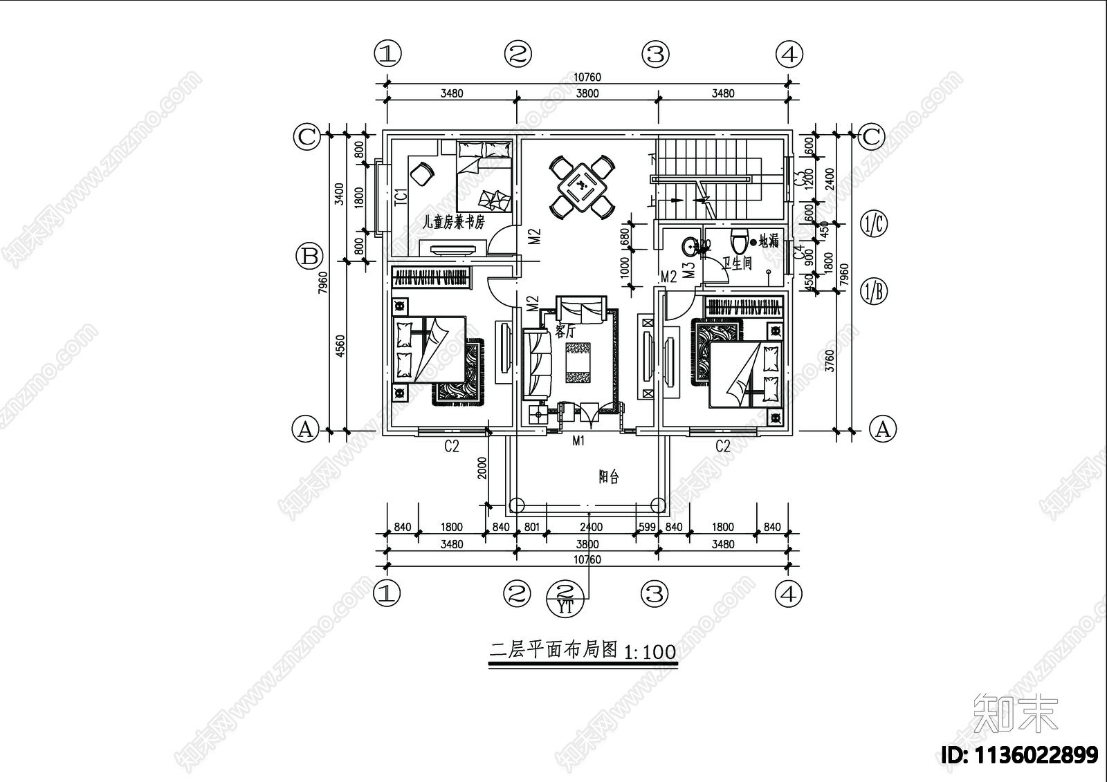 二层别墅建筑cad施工图下载【ID:1136022899】