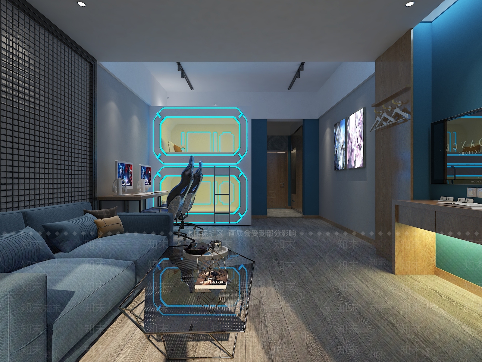 现代电竞房主题酒店客房3D模型下载【ID:1136033730】