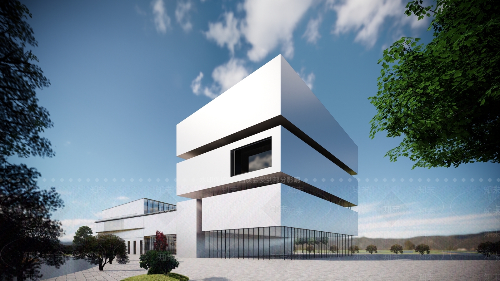 现代展览馆建筑SU模型下载【ID:1136042595】