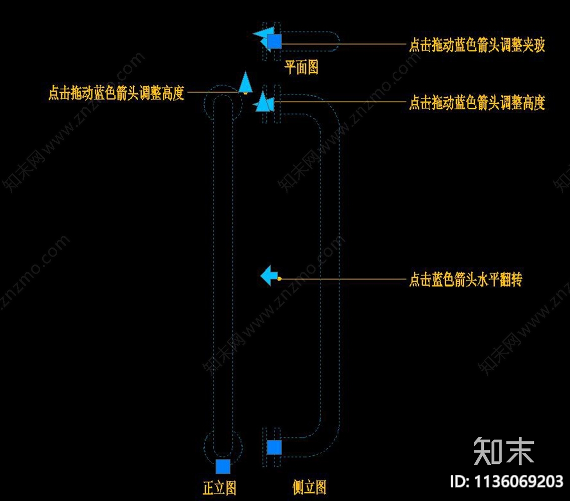 玻璃门不锈钢拉手三视图cad施工图下载【ID:1136069203】