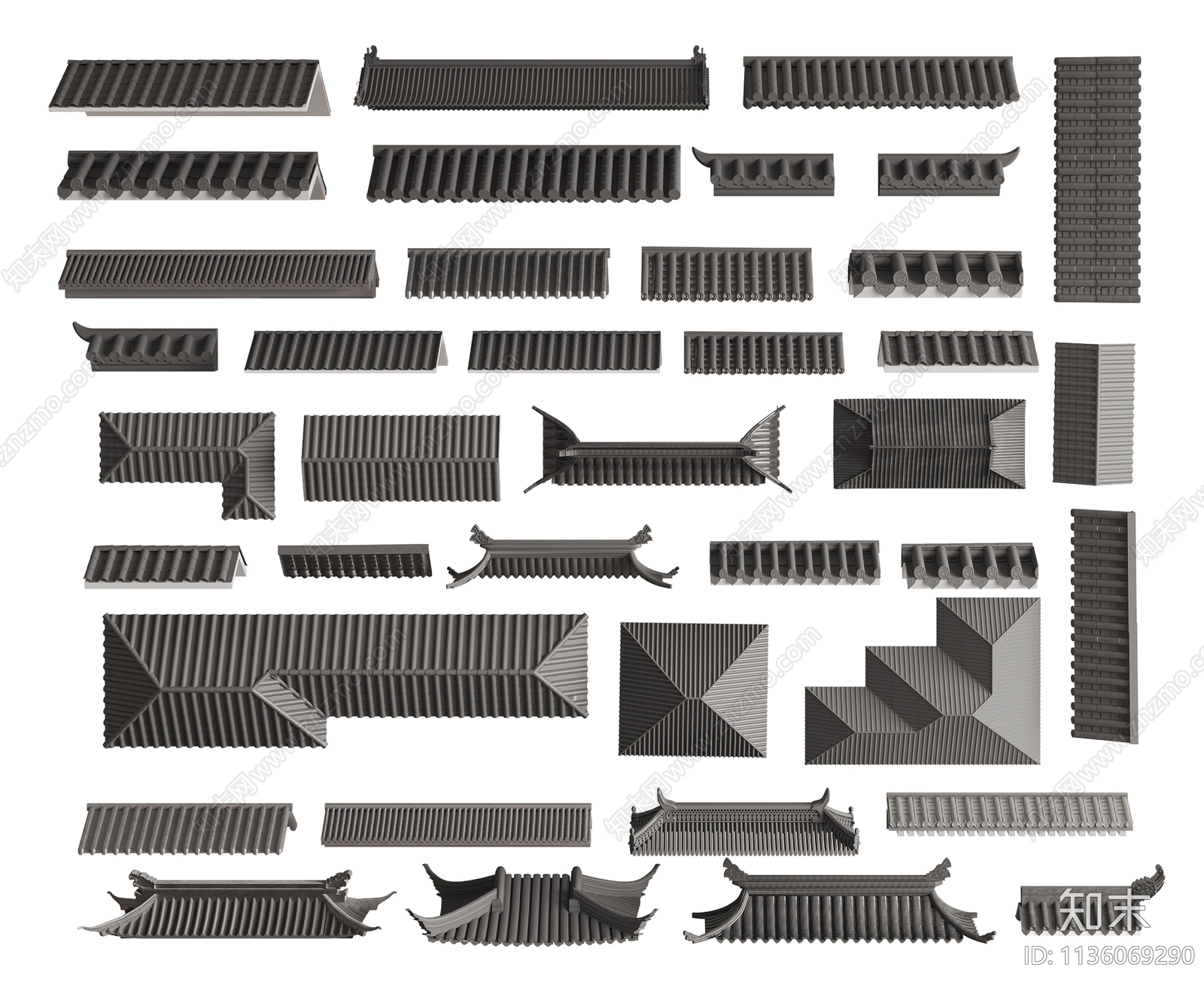 新中式屋檐瓦片组合3D模型下载【ID:1136069290】