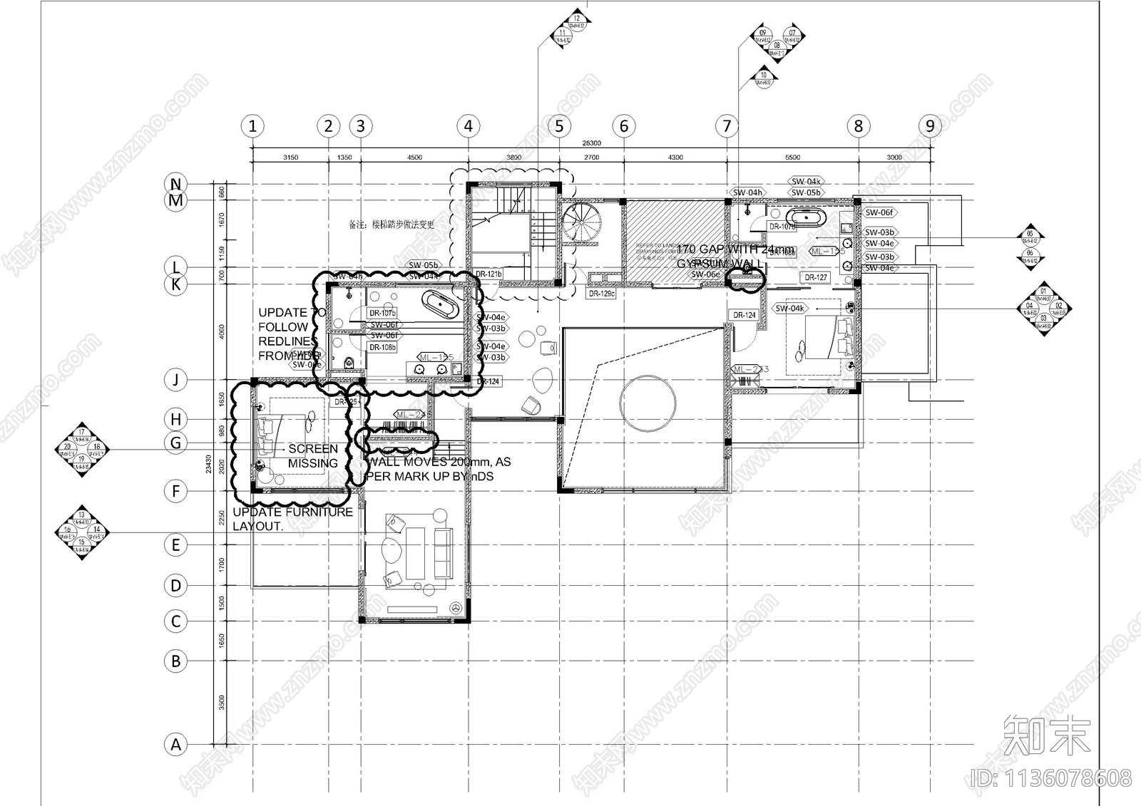 裸心别墅客房cad施工图下载【ID:1136078608】