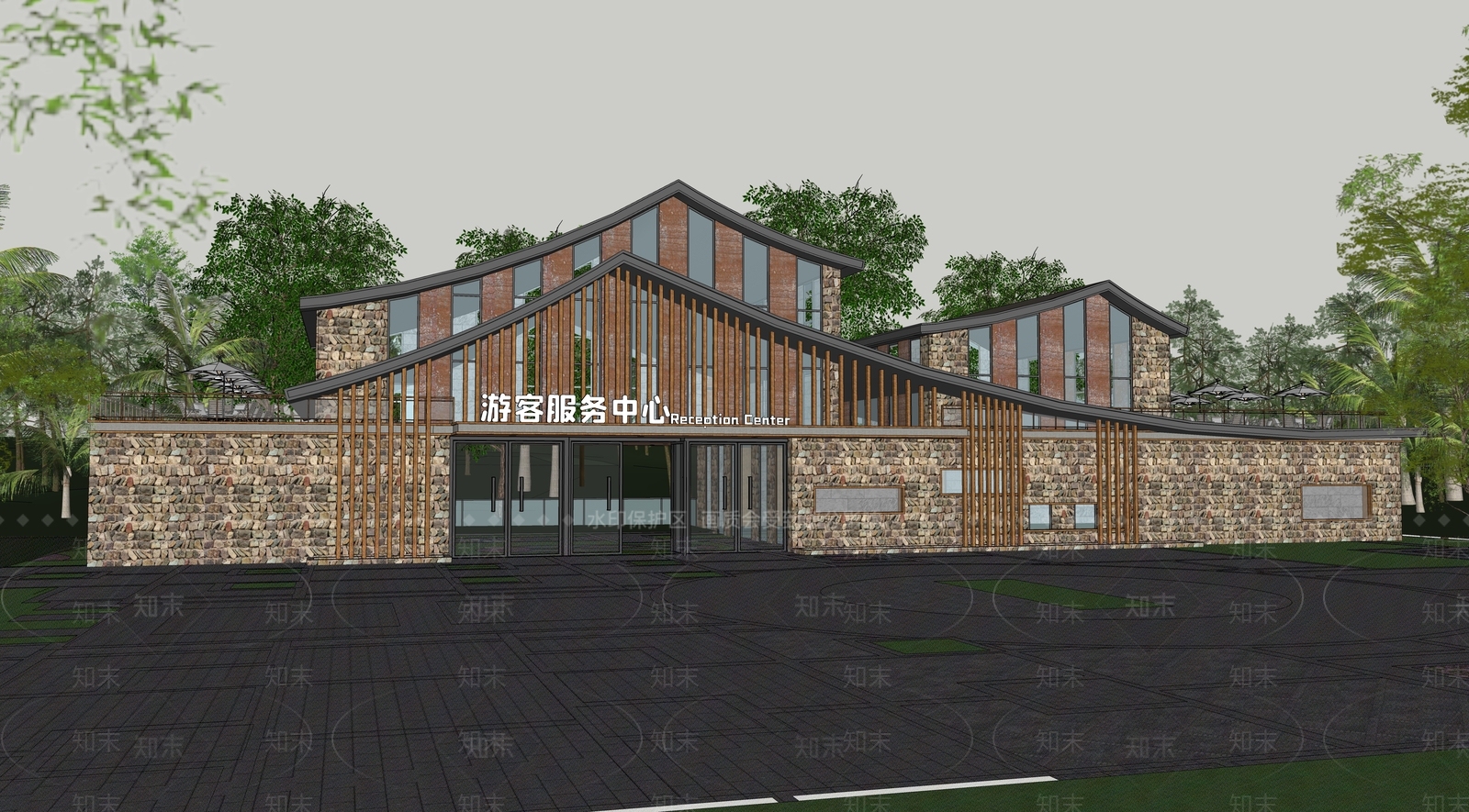 新中式游客中心SU模型下载【ID:1136093227】