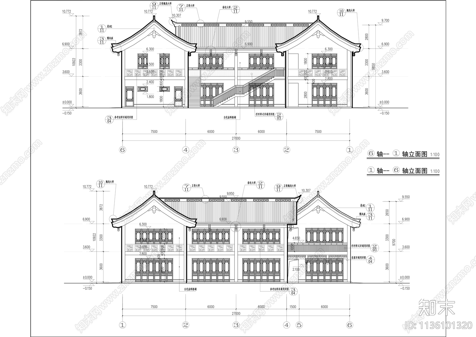 中式坡屋面商业街建筑施工图下载【ID:1136101320】