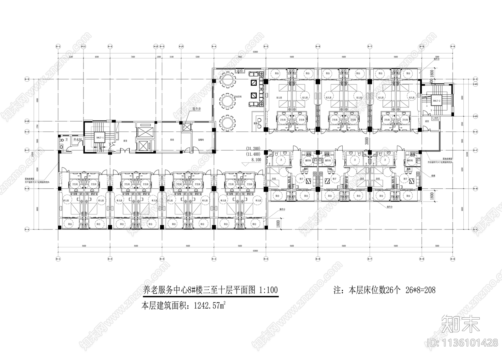 养老院建筑平面图施工图下载【ID:1136101428】