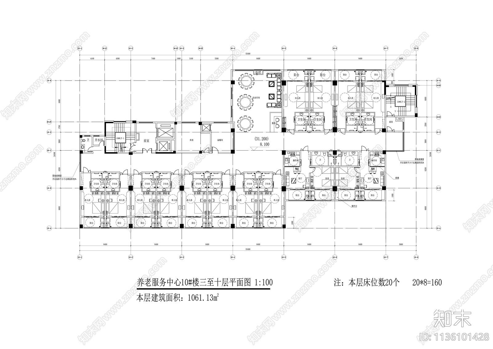 养老院建筑平面图施工图下载【ID:1136101428】