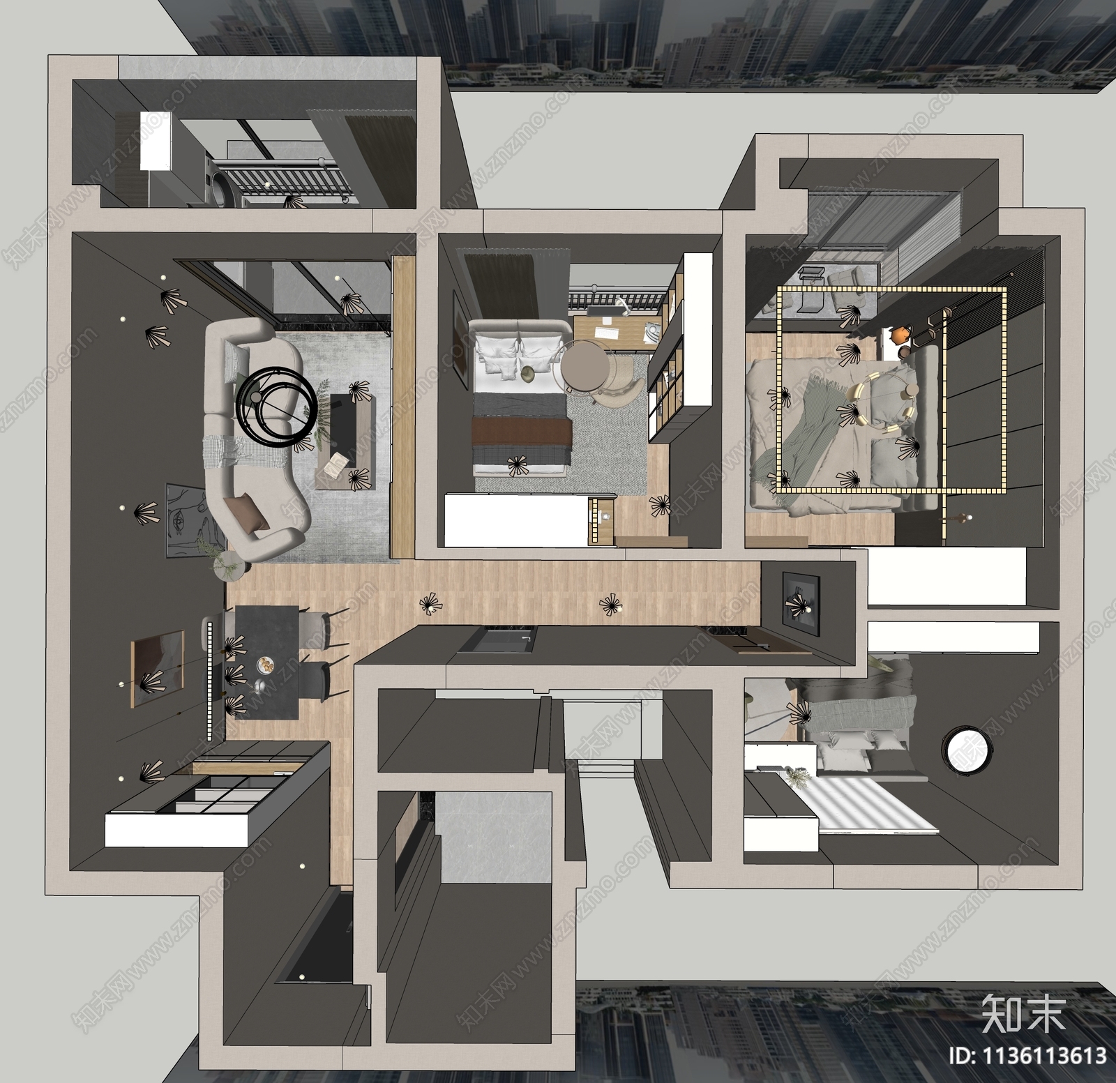 现代家装鸟瞰SU模型下载【ID:1136113613】