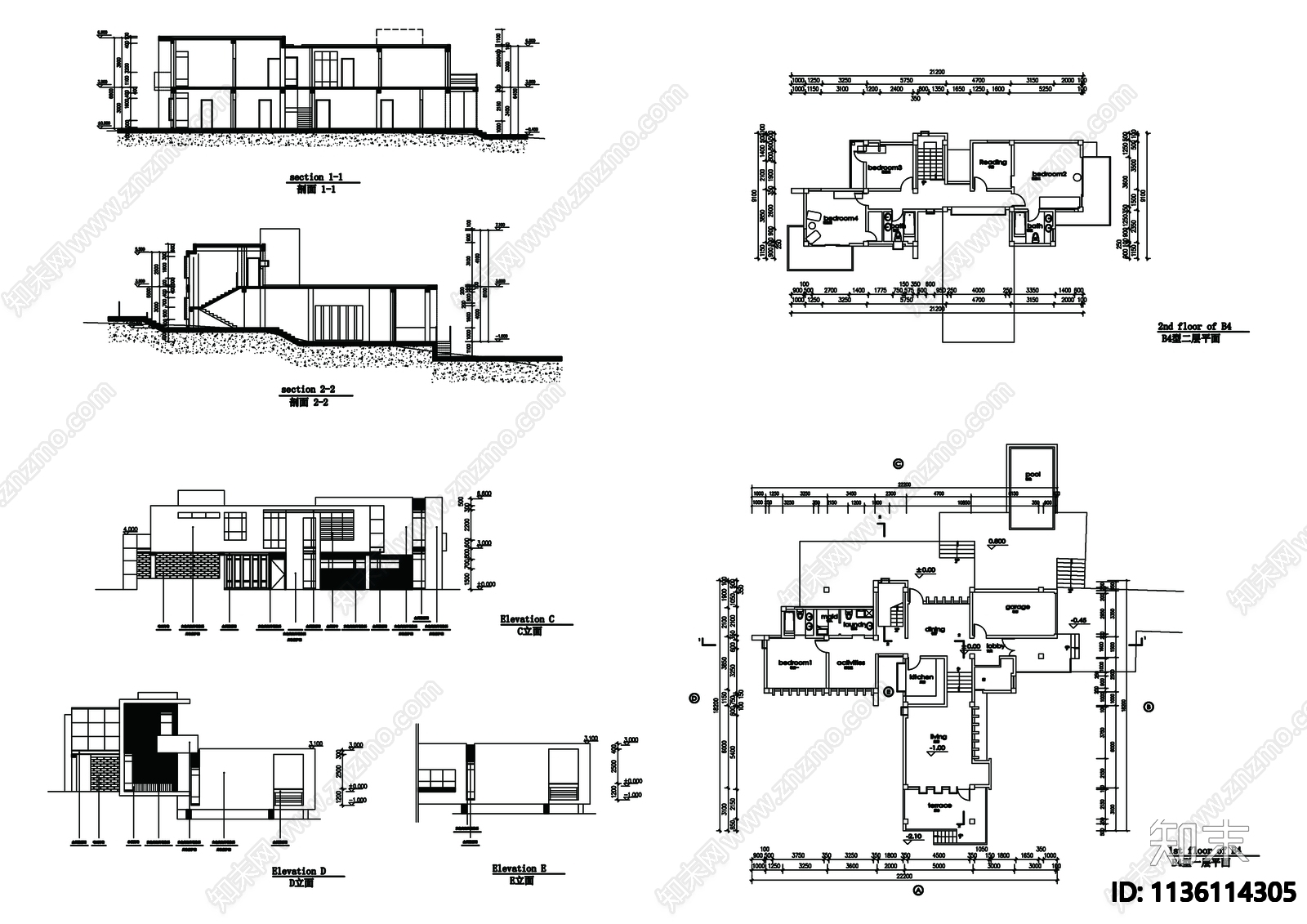 别墅建筑cad施工图下载【ID:1136114305】