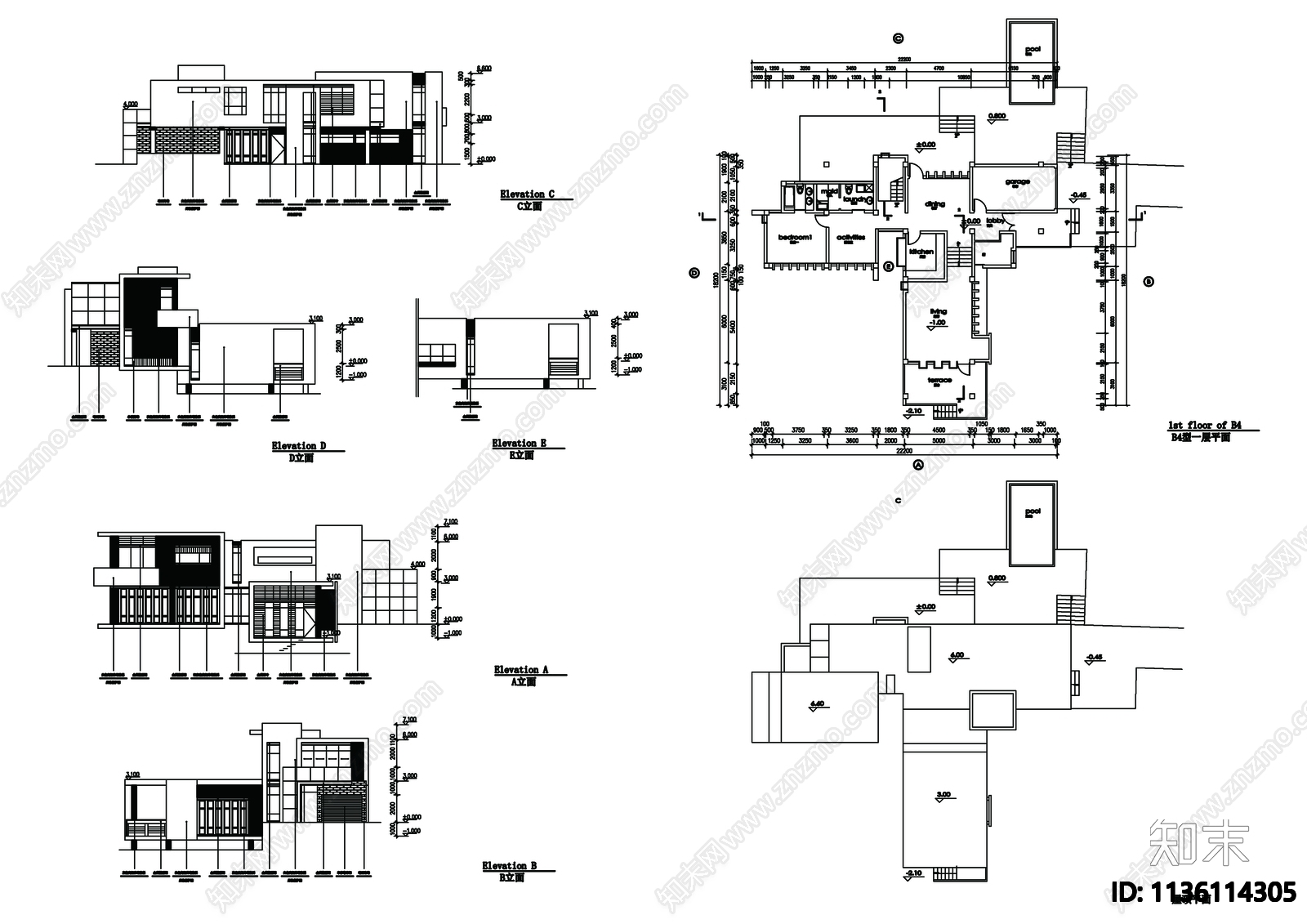 别墅建筑cad施工图下载【ID:1136114305】