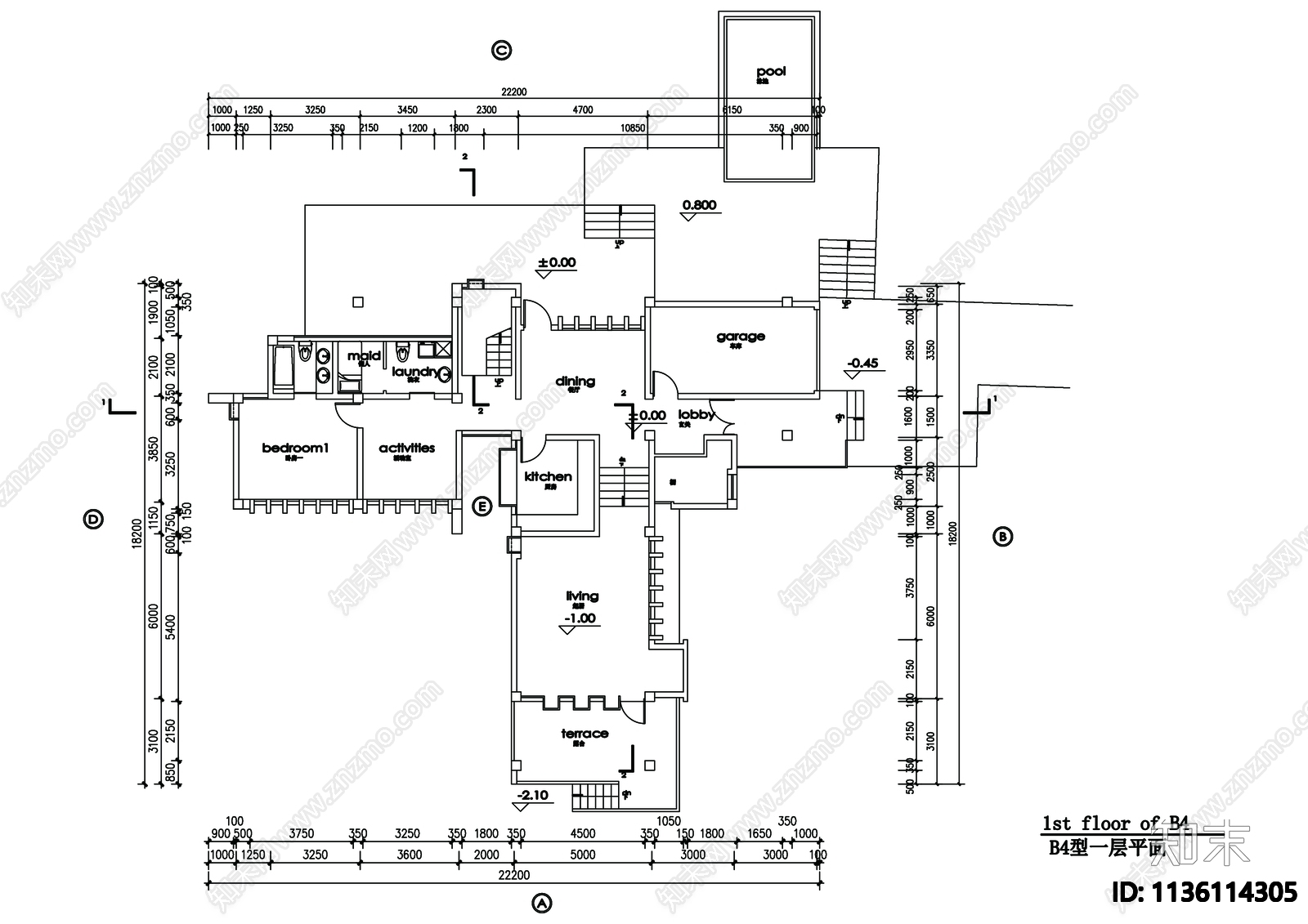 别墅建筑cad施工图下载【ID:1136114305】