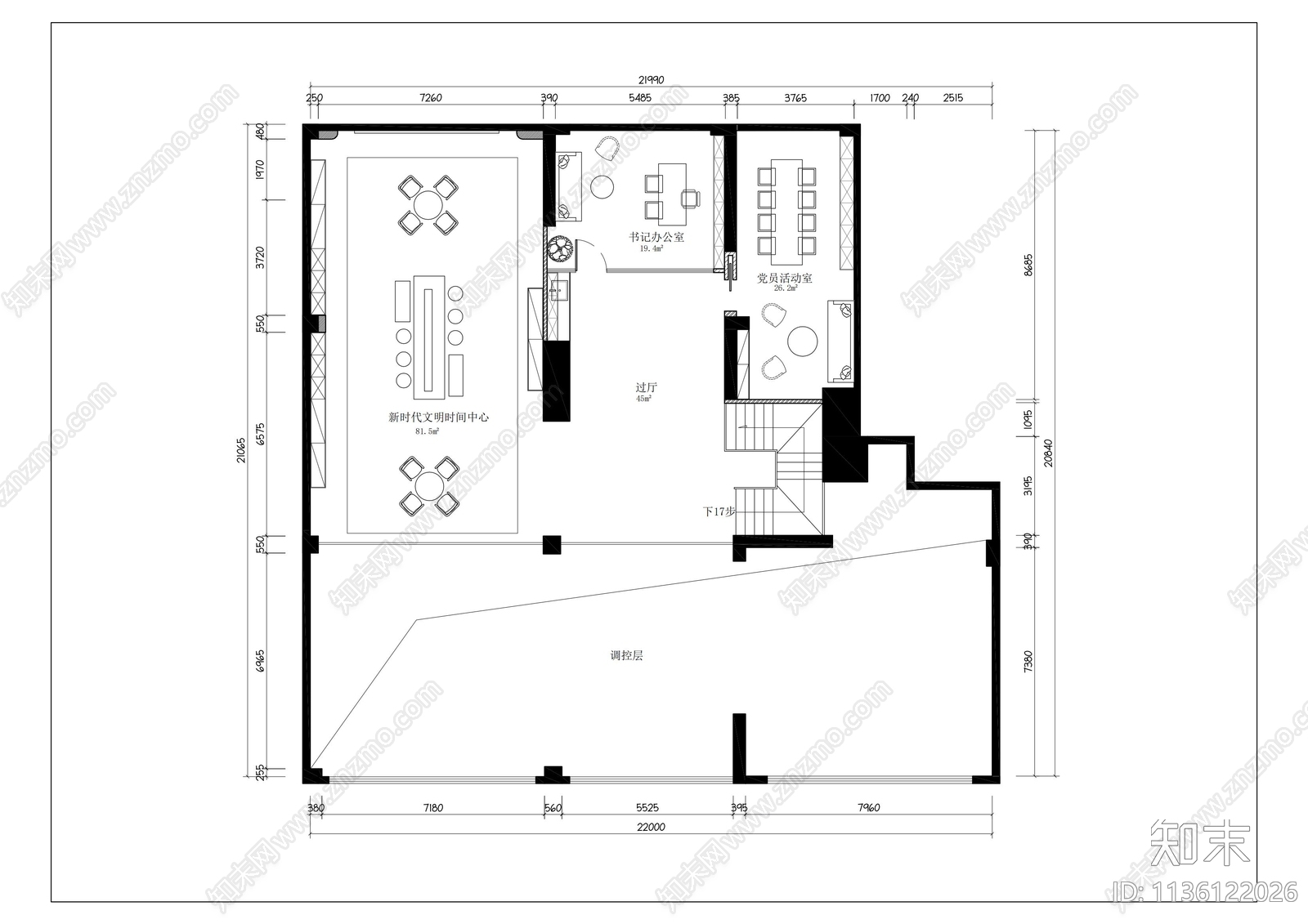 社区服务中心平面布置图cad施工图下载【ID:1136122026】