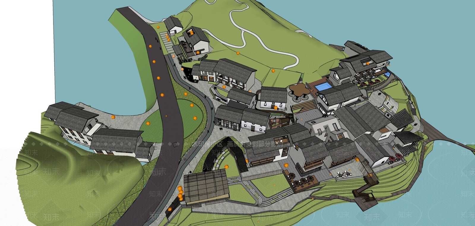 新中式乡村建筑群SU模型下载【ID:1136161659】