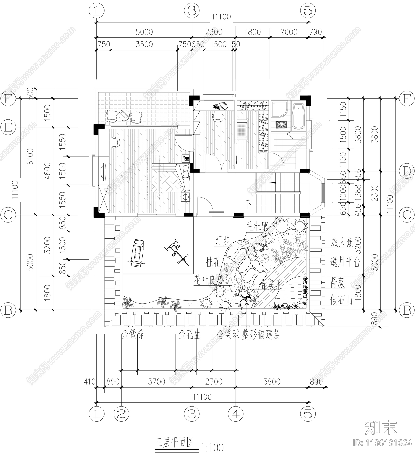 楼顶家装别墅花园平面图cad施工图下载【ID:1136181664】