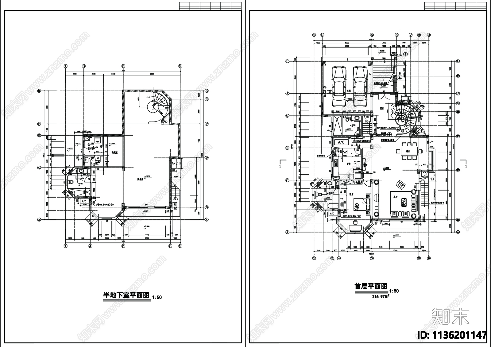 别墅建筑cad施工图下载【ID:1136201147】