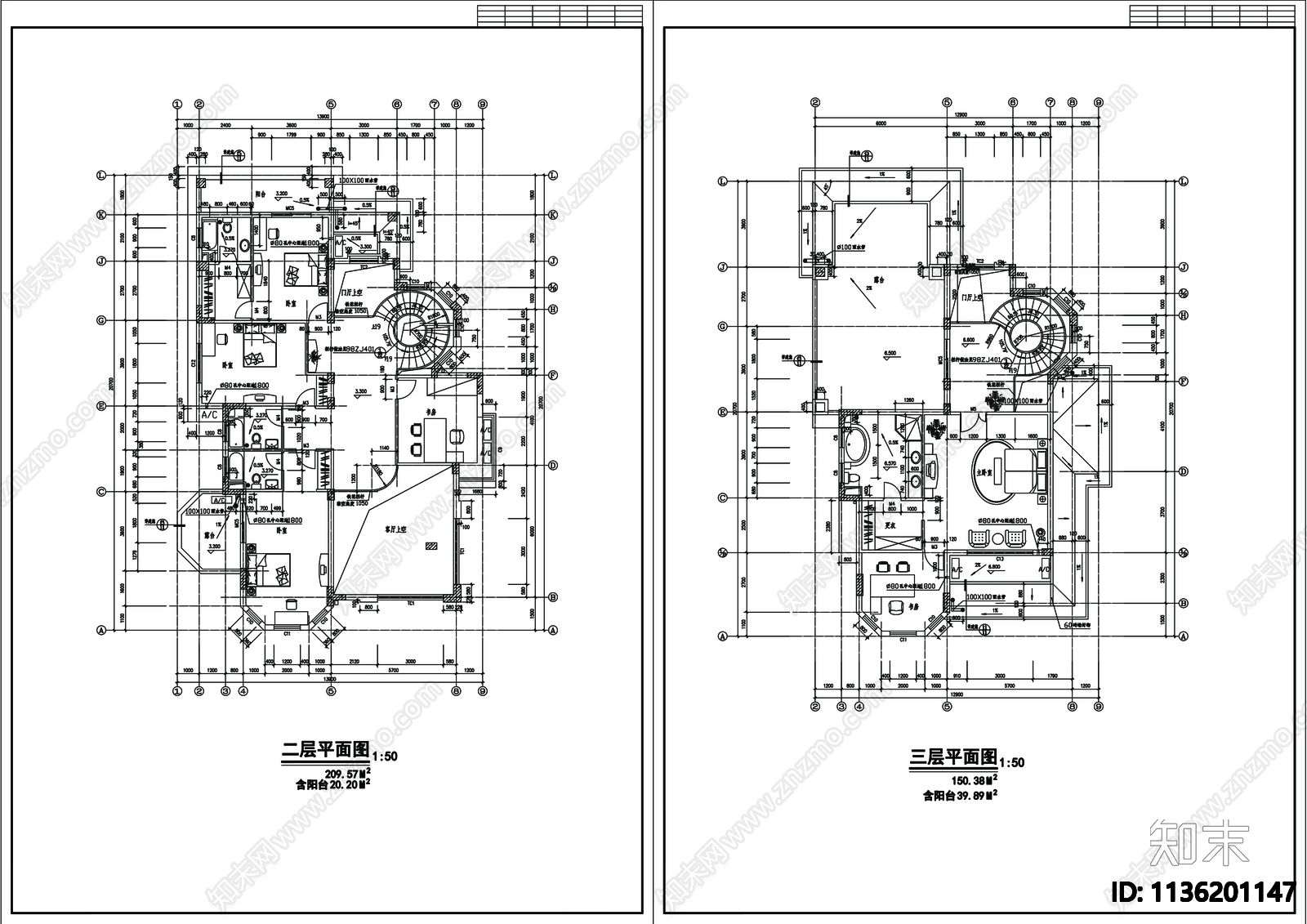 别墅建筑cad施工图下载【ID:1136201147】