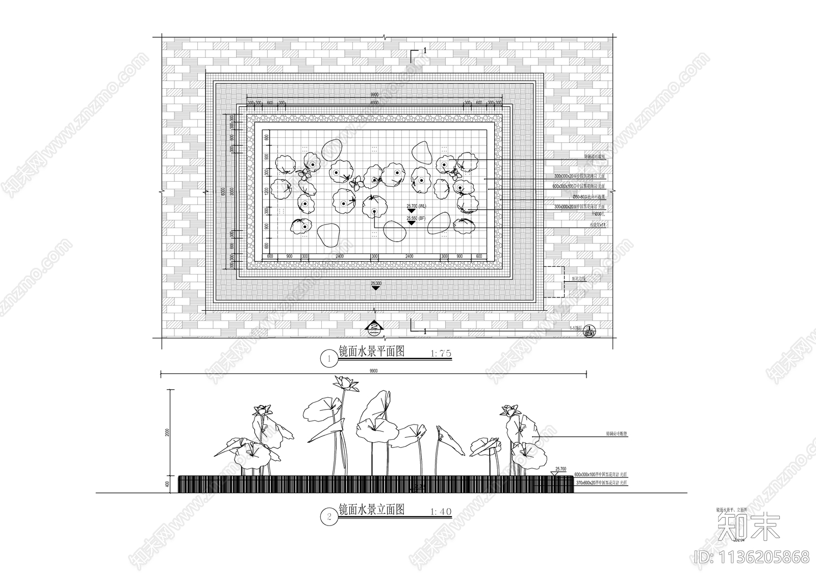 新中式荷花镜面水景cad施工图下载【ID:1136205868】