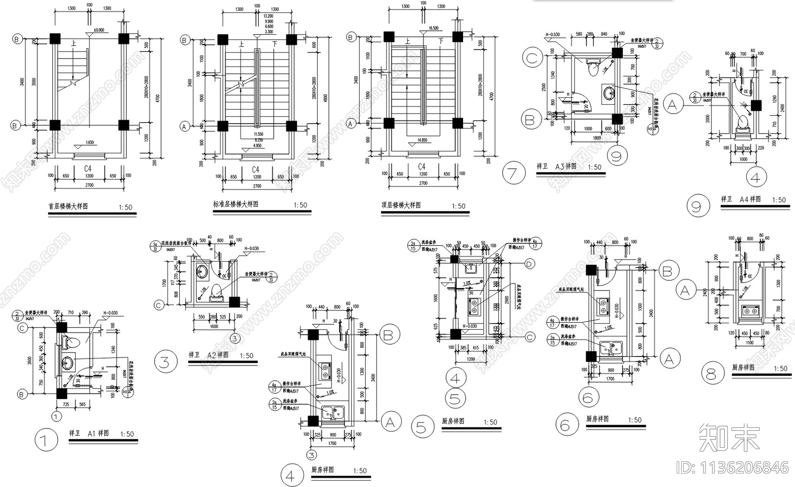六层中学教工宿舍楼建筑cad施工图下载【ID:1136206846】