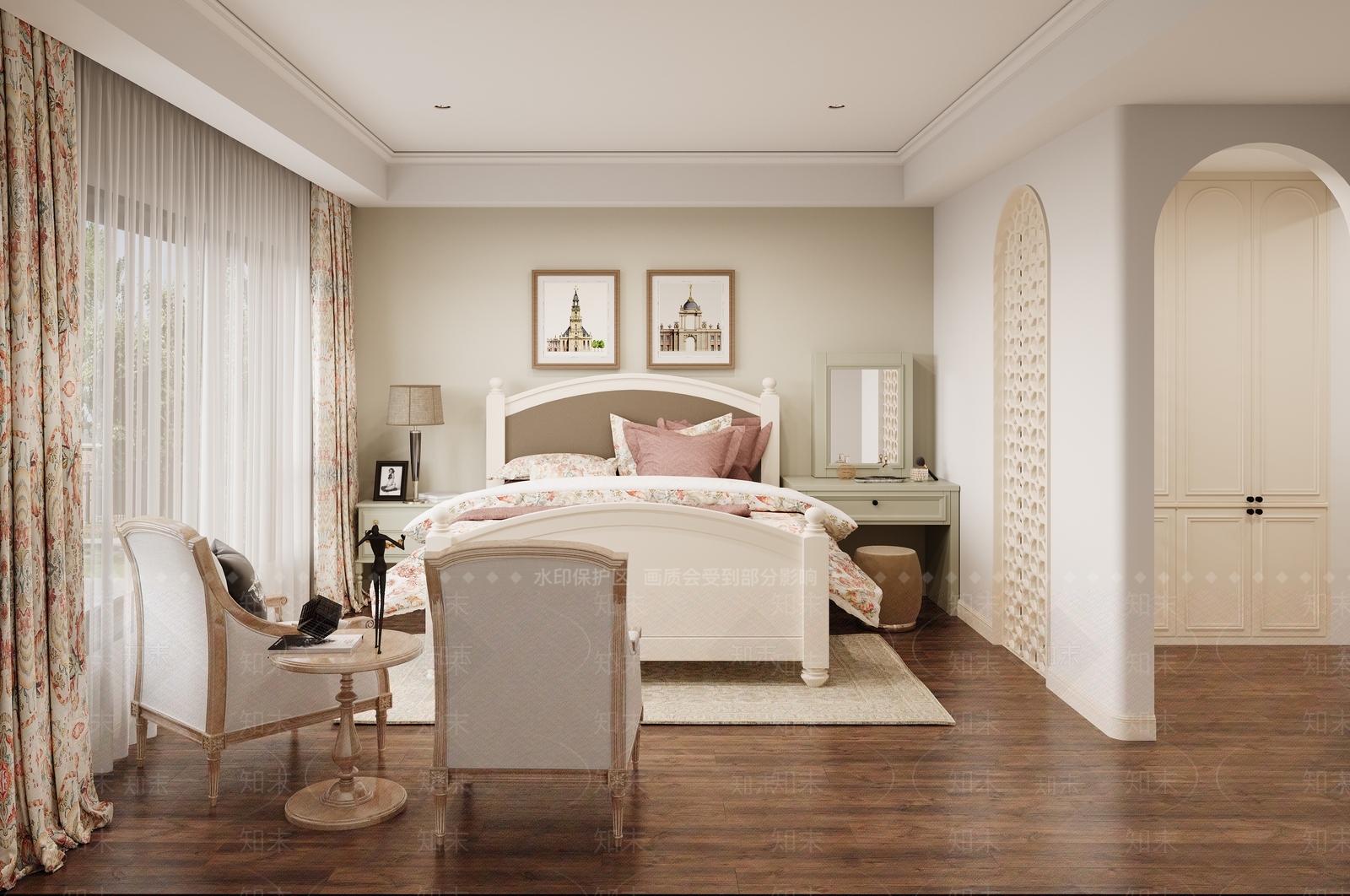 美式田园风家居卧室3D模型下载【ID:1136215744】