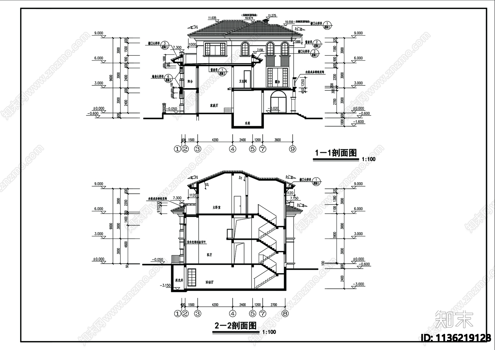 别墅建筑cad施工图下载【ID:1136219128】