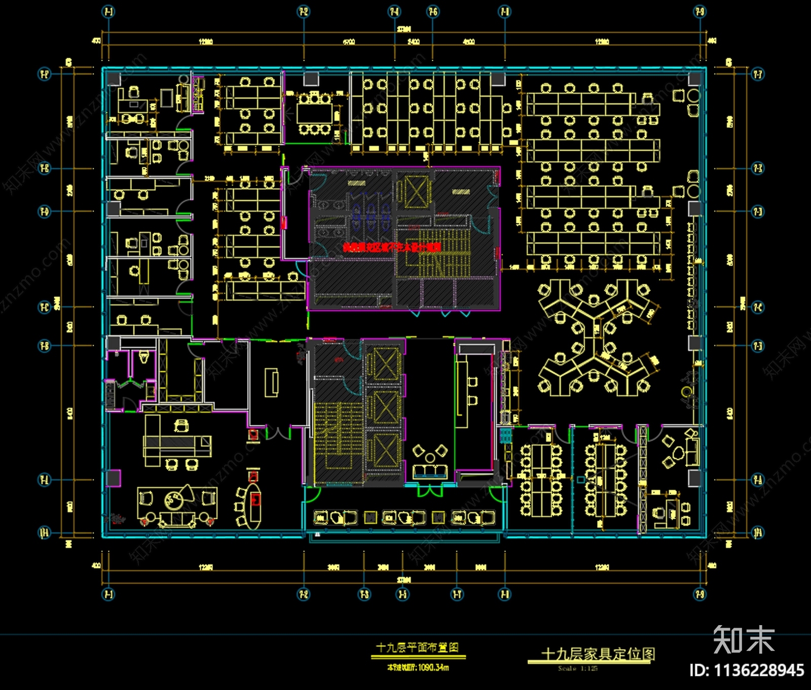 1100m²科技类办公室cad施工图下载【ID:1136228945】