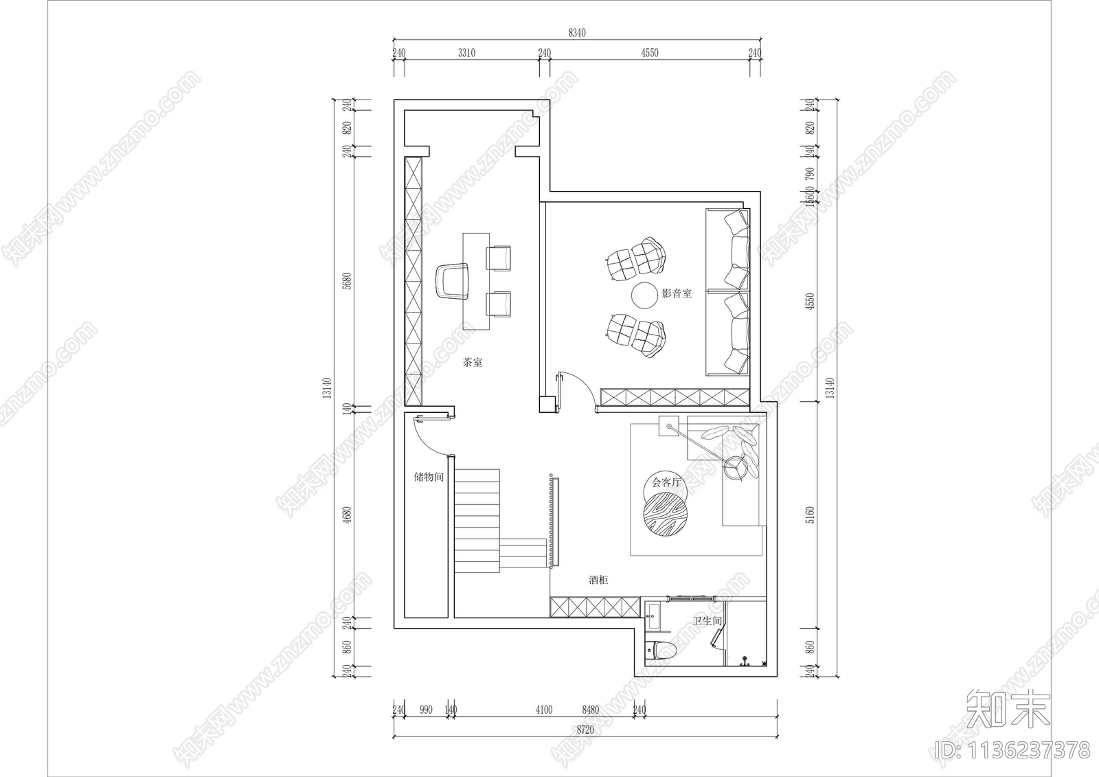 别墅平面布置图cad施工图下载【ID:1136237378】