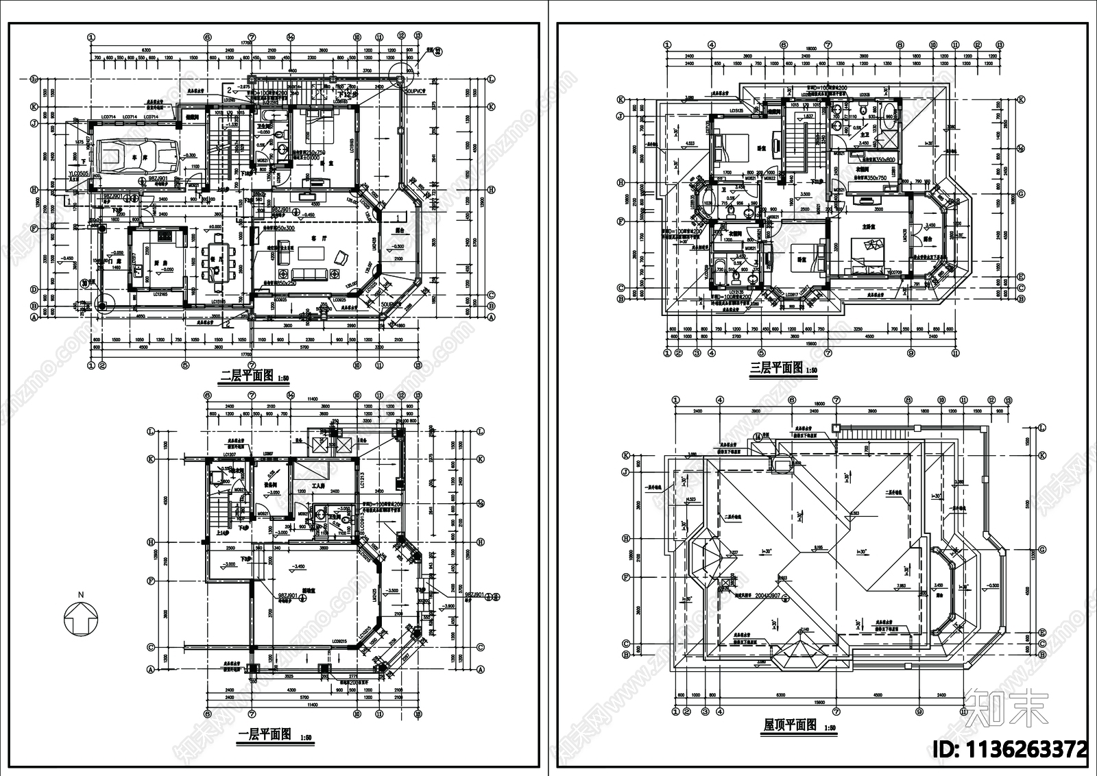 别墅建筑cad施工图下载【ID:1136263372】