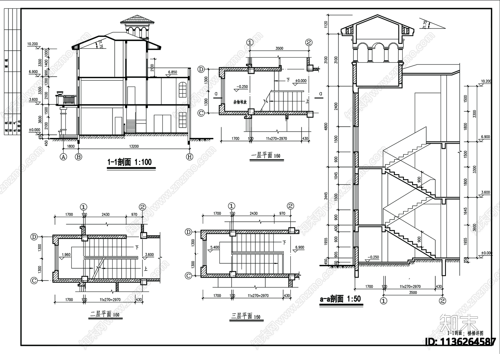 别墅建筑cad施工图下载【ID:1136264587】