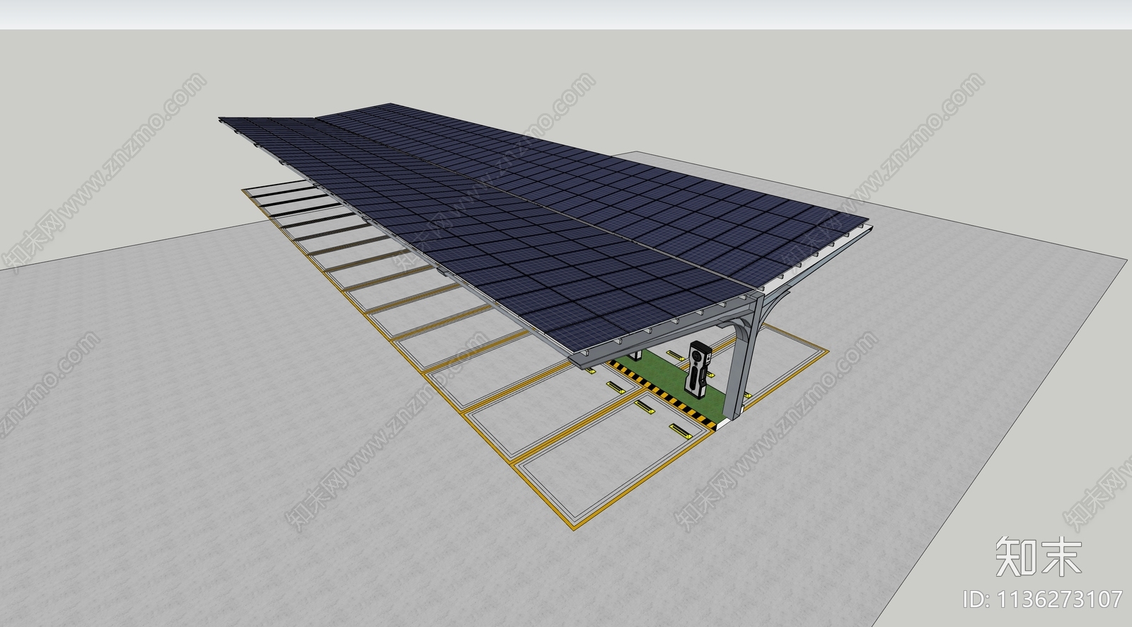 现代新能源太阳能板充电机动车车棚SU模型下载【ID:1136273107】