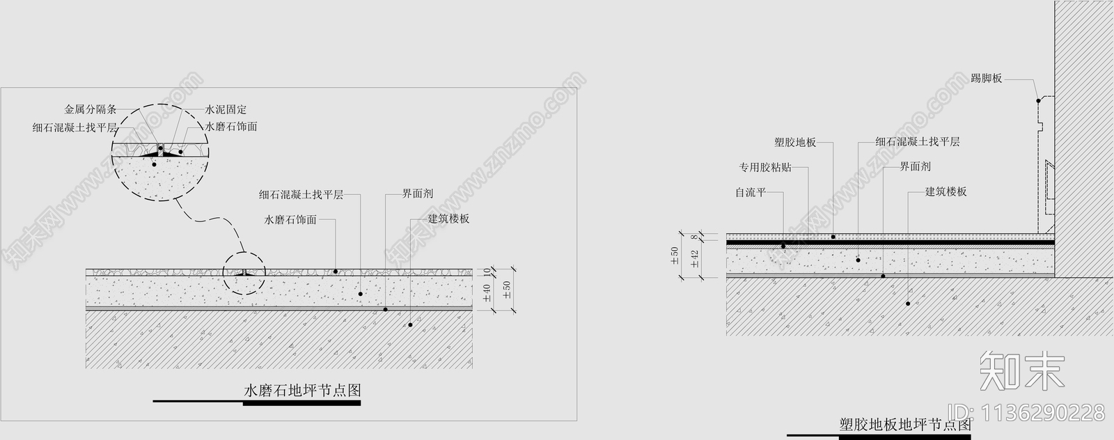 水磨石塑胶地板地坪节点cad施工图下载【ID:1136290228】