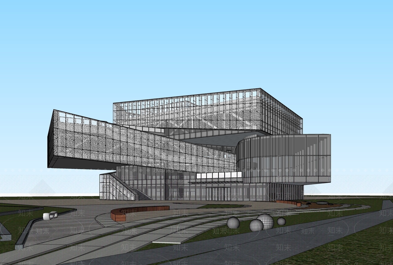现代展览馆建筑SU模型下载【ID:1136291027】