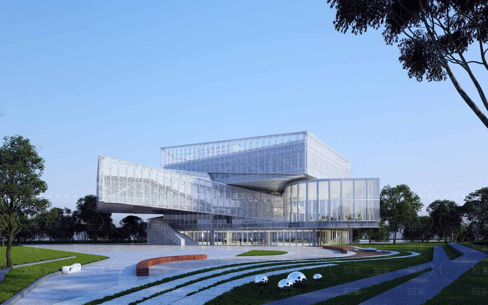 现代展览馆建筑SU模型下载【ID:1136291027】